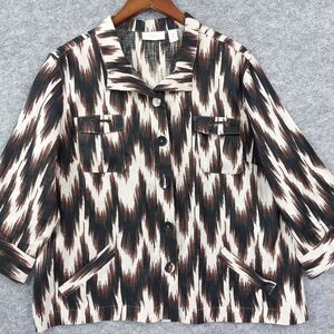 Chicos Top Jacket Sz 3 Linen Brown 3/4 Sleeve Button Pockets Modern Lagenlook